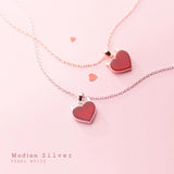 925 Silver Link Chain Necklace Romantic Red Crystal Hearts Pendant Fine Jewelry