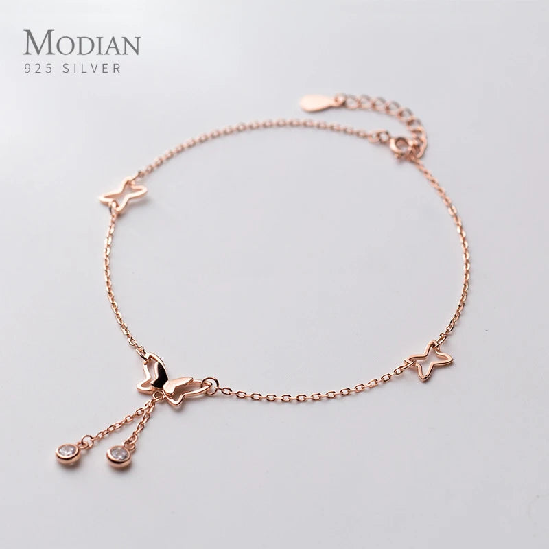 Zircon Butterfly Tassel Anklet 925 Sterling Silver Adjustable