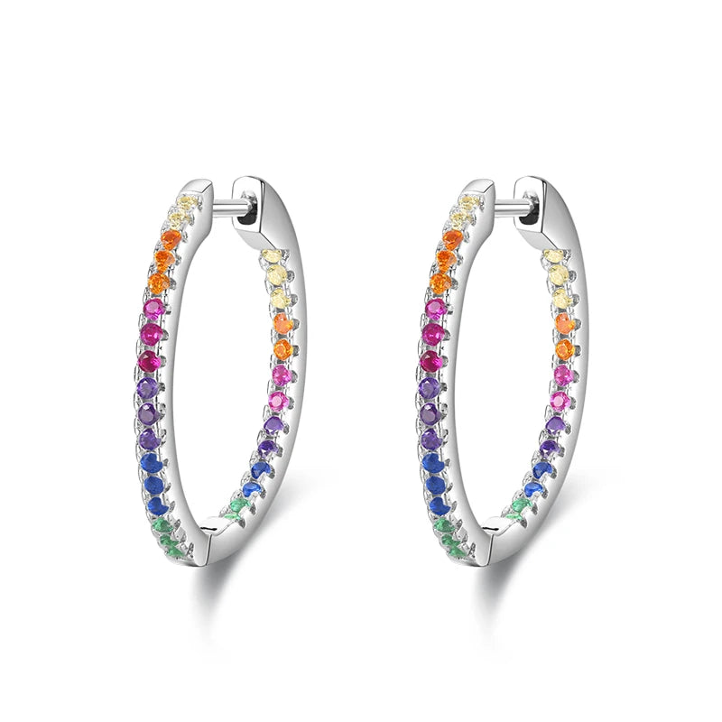 Sparkling Rainbow Zirconia Hoop Earrings 925 Sterling Silver Women Jewelry