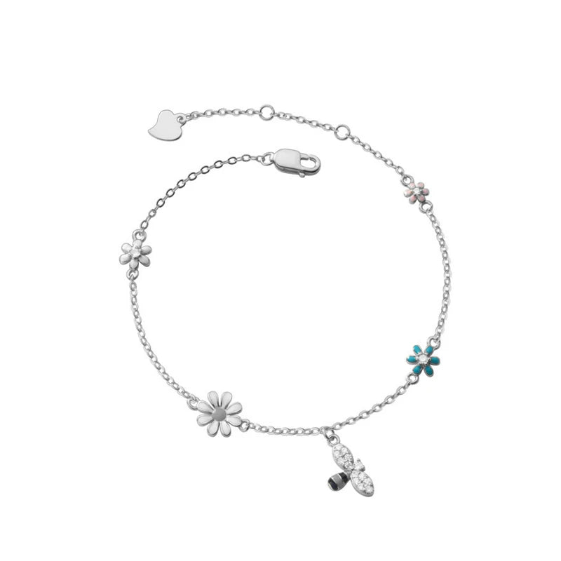 925 Silver CZ Bee Bangle Flower Bracelet Women Jewelry
