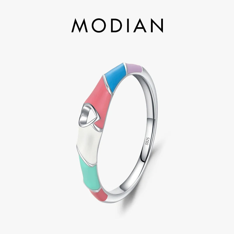 925 Silver Hollow Heart Enamel Ring Multicolour Women's Cocktail Charm Jewelry