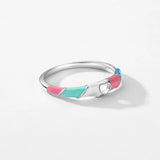925 Silver Hollow Heart Enamel Ring Multicolour Women's Cocktail Charm Jewelry