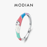 925 Silver Hollow Heart Enamel Ring Multicolour Women's Cocktail Charm Jewelry
