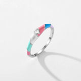 925 Silver Hollow Heart Enamel Ring Multicolour Women's Cocktail Charm Jewelry