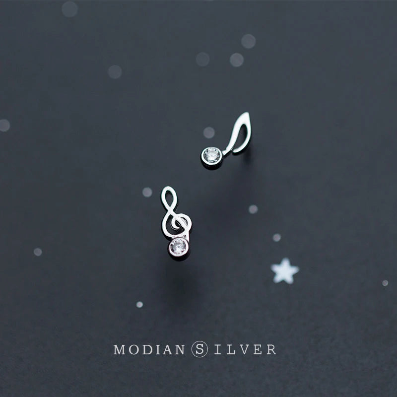 925 Silver CZ Musical Note Asymmetry Stud Earring