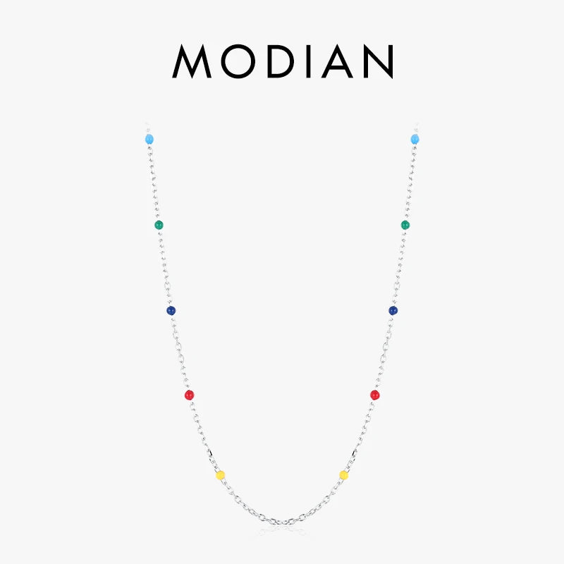 925 Silver Multicolour Enamel Necklace Long Chain Choker Fine Jewelry