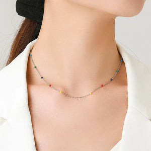 925 Silver Multicolour Enamel Necklace Long Chain Choker Fine Jewelry