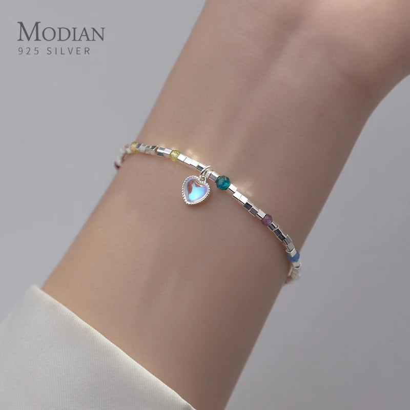 925 Silver Heart Moonstone Bracelet Women Fine Jewelry Adjustable