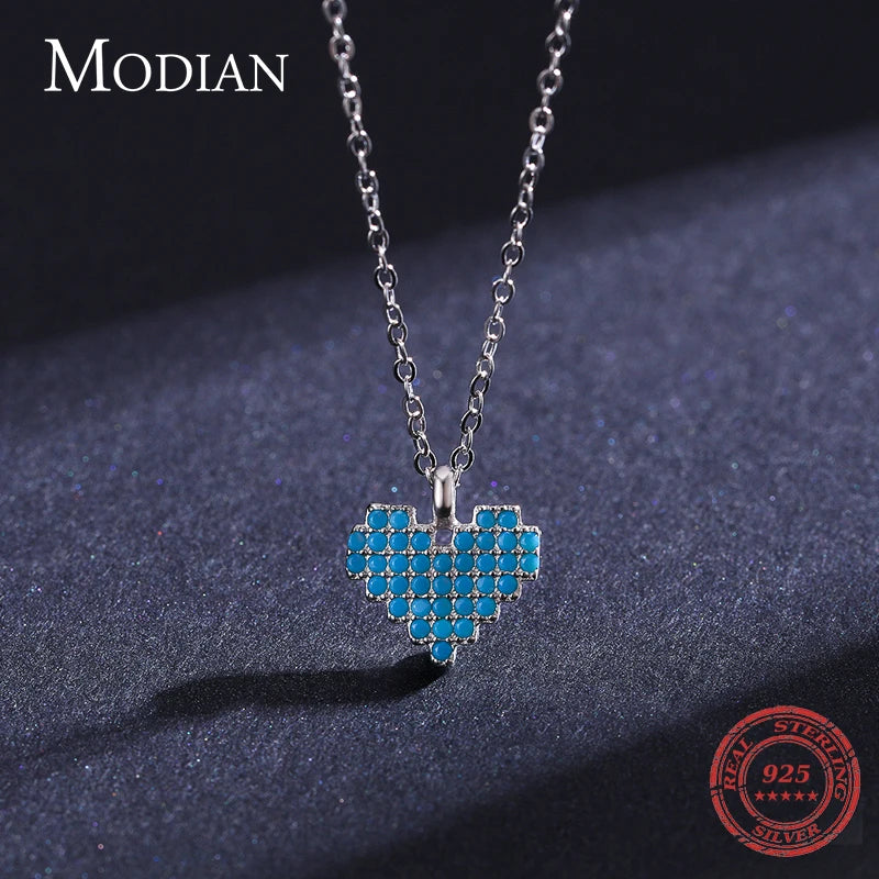 925 Silver Vintage Heart Turquoise Pendant Necklace Family Jewelry