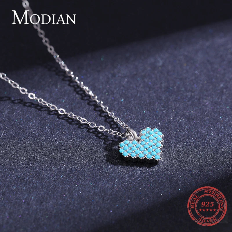 925 Silver Vintage Heart Turquoise Pendant Necklace Family Jewelry
