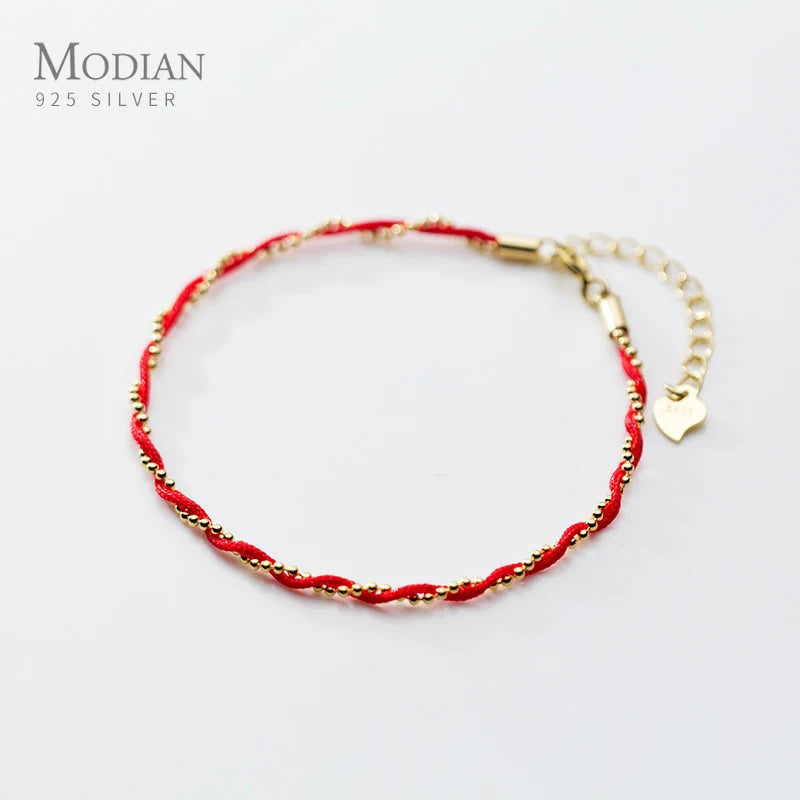Sterling Silver Red Rope Bracelet Adjustable Geometric Link Chain Fine Jewelry
