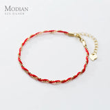 Sterling Silver Red Rope Bracelet Adjustable Geometric Link Chain Fine Jewelry