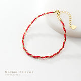 Sterling Silver Red Rope Bracelet Adjustable Geometric Link Chain Fine Jewelry