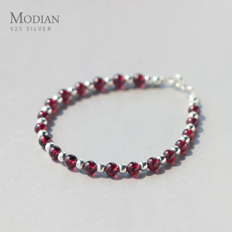 Natural Garnet Beads Bracelet Sterling Silver 925 Adjustable Korea Style Jewelry