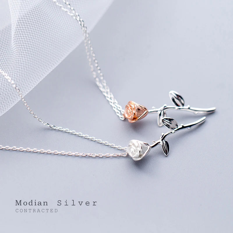 925 Sterling Silver Rose Flower Short Chain Necklace for Women