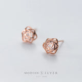 Sterling Silver Rose Flower Stud Earrings with Clear Zirconia