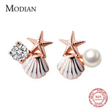 Rose Starfish Shell Enamel Stud Earrings 925 Sterling Silver Brincos