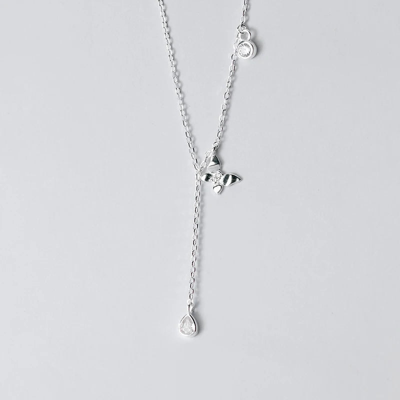 Zircon Butterfly Tassel Water Drop Y Shape Silver Pendant Necklace