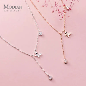 Zircon Butterfly Tassel Water Drop Y Shape Silver Pendant Necklace