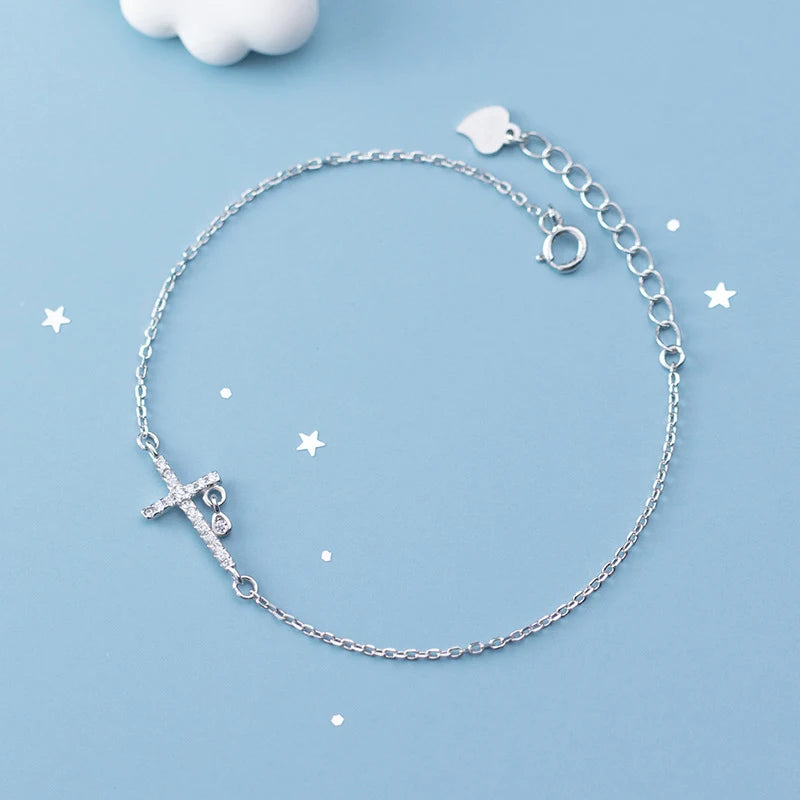 Clear CZ Cross Silver 925 Bracelet Women Link Chain Korea Style Jewelry