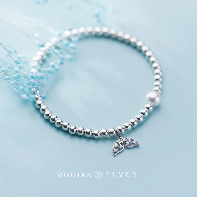 Zircon Mermaid Tail Pearl 925 Sterling Silver Bracelet Fine Jewelry Gift
