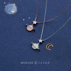 Zircon Star Planet Sterling Silver Pendant Necklace for Women