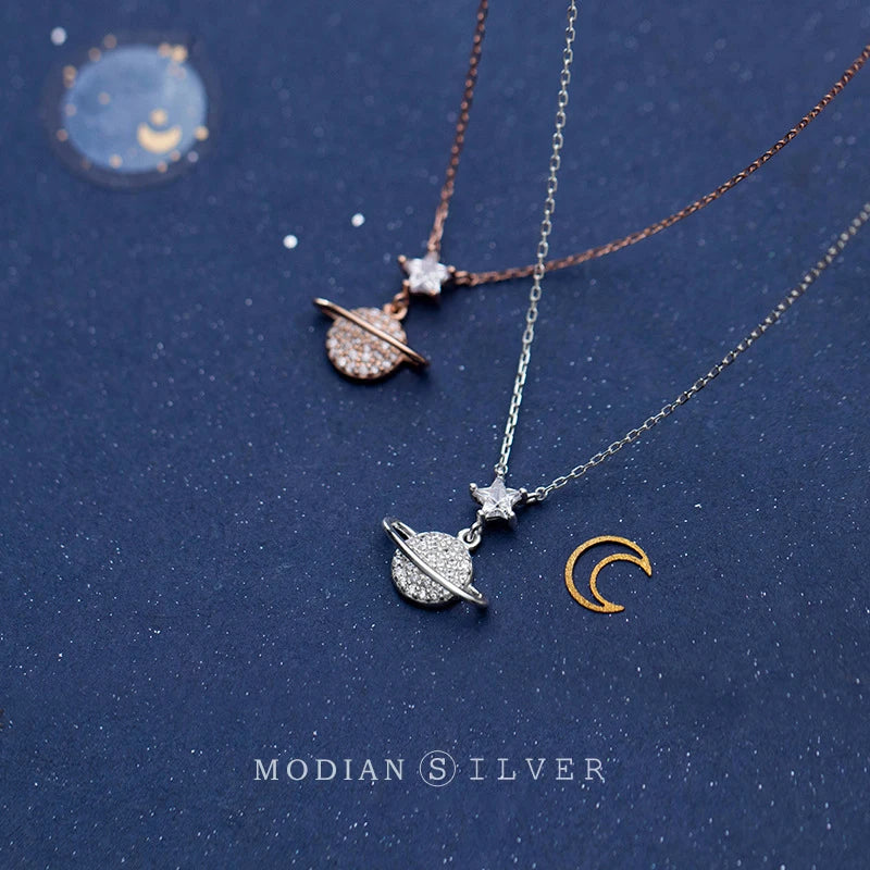 Zircon Star Planet Sterling Silver Pendant Necklace for Women