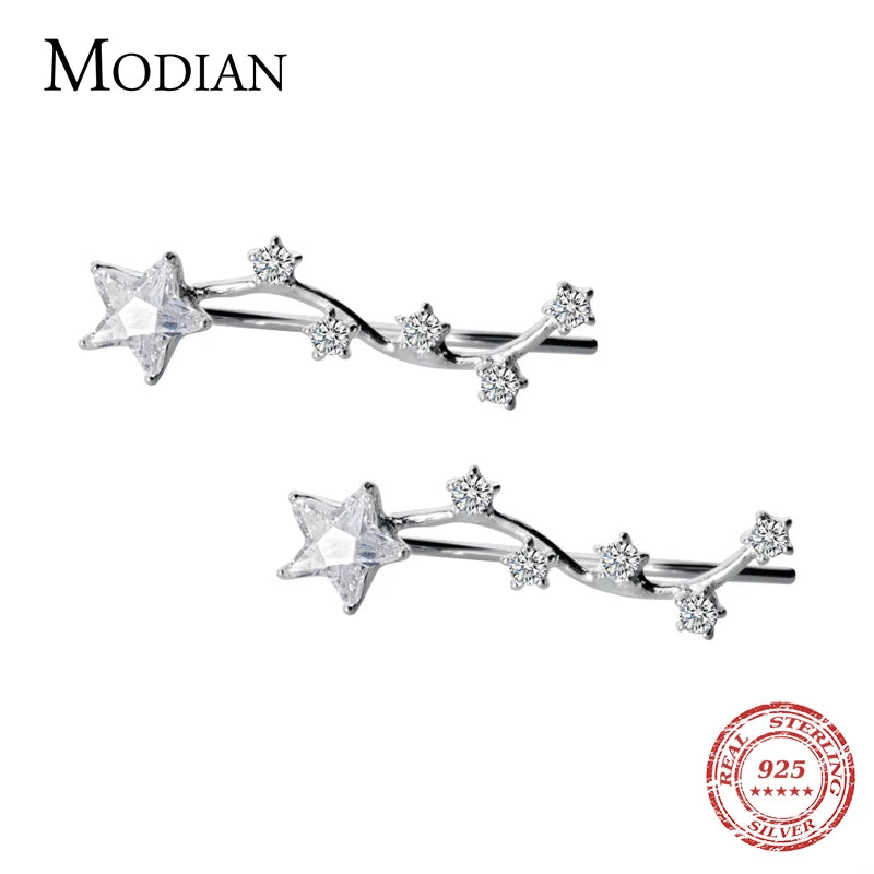 Silver Stars Charm Stud Earrings Clear CZ 925 Sterling Silver Wedding Jewelry