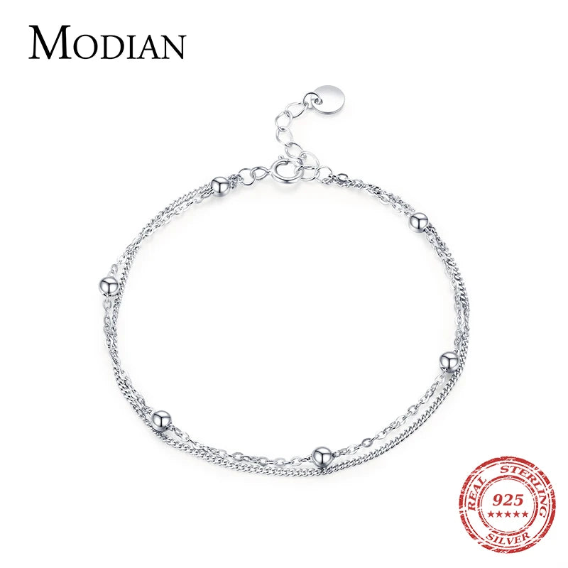 925 Sterling Silver Beads Link Chain Bracelet for Women Wedding Jewelry