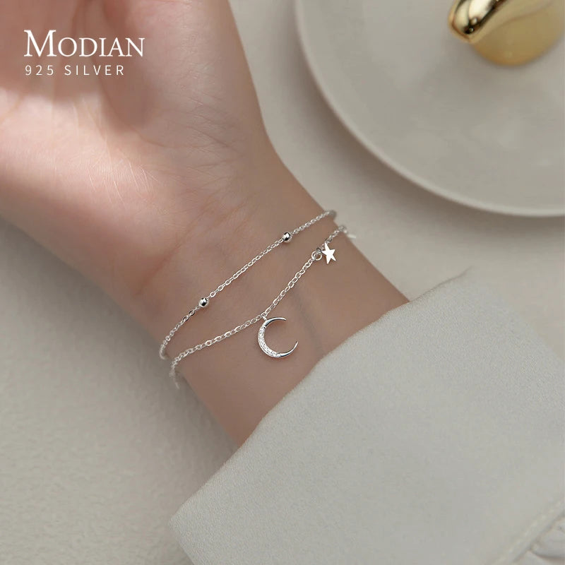 Sterling Silver Double Layer Moon Stars Bracelet Adjustable for Women