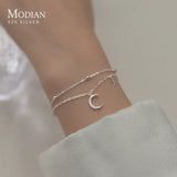 Sterling Silver Double Layer Moon Stars Bracelet Adjustable for Women