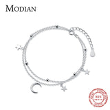 Sterling Silver Double Layer Moon Stars Bracelet Adjustable for Women