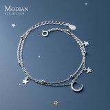 Sterling Silver Double Layer Moon Stars Bracelet Adjustable for Women