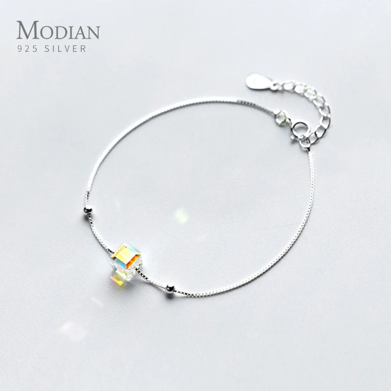 Rainbow 3D Square Bracelet Women Sterling Silver 925 Engagement Chain Jewelry