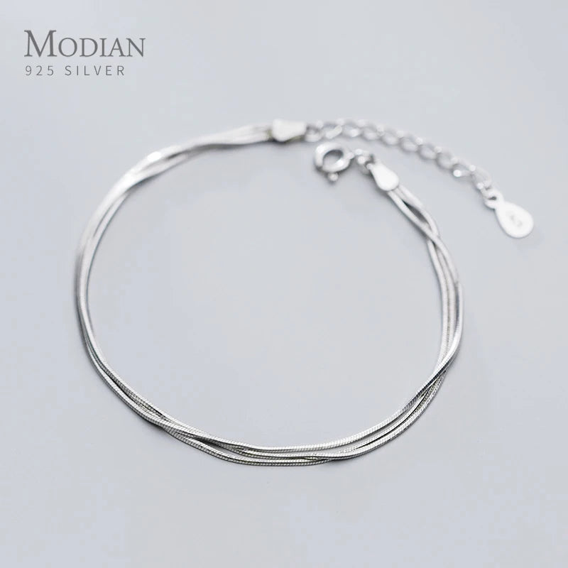 Three Layer Snake Bone Chain 925 Sterling Silver Link Chain Bracelet