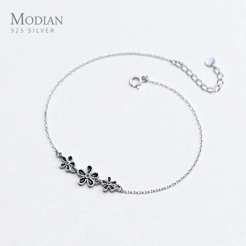 Enamel Flower Silver Anklet for Women Sterling Silver 925 Bracelet Foot Jewelry