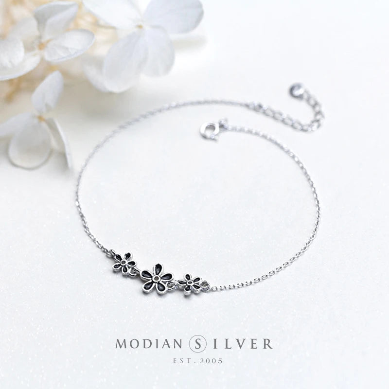 Enamel Flower Silver Anklet for Women Sterling Silver 925 Bracelet Foot Jewelry