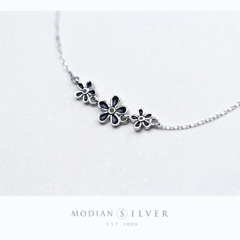 Enamel Flower Silver Anklet for Women Sterling Silver 925 Bracelet Foot Jewelry