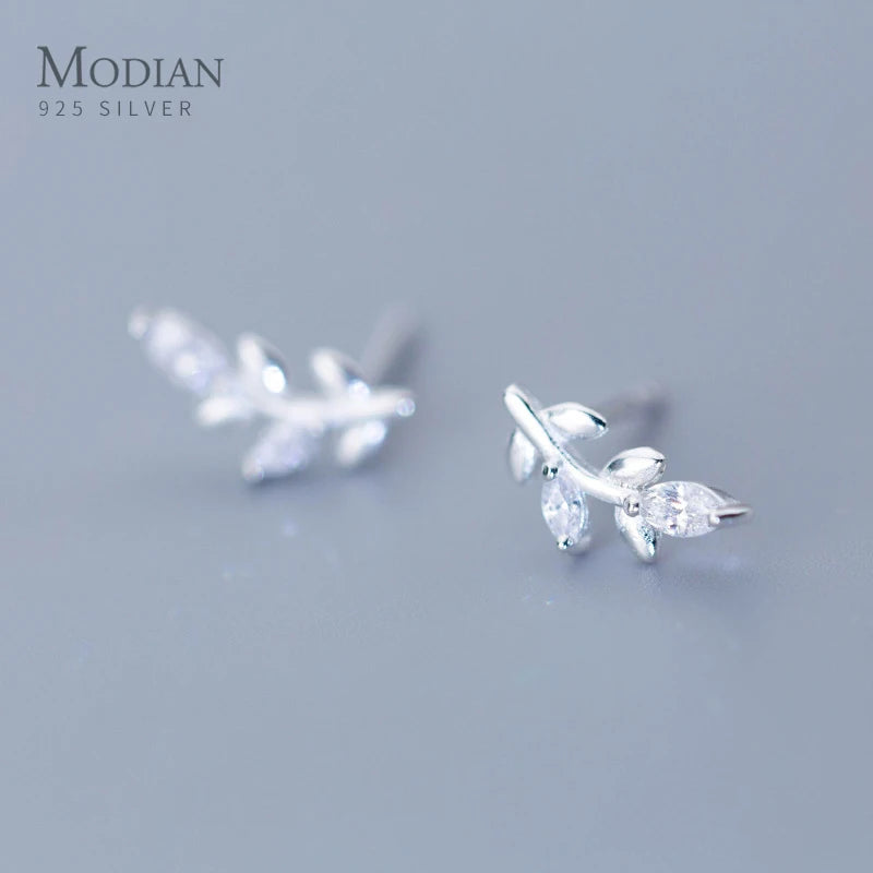 Small Leaves Tree Stud Earrings 925 Sterling Silver Spring Ear Studs Jewelry