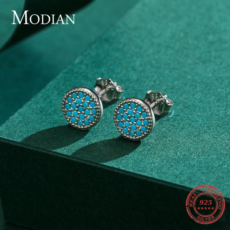 Vintage Turquoise Ear Studs 925 Sterling Silver Circle Stud Earrings