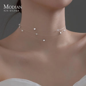 925 Silver Stars CZ Choker Necklace for Women