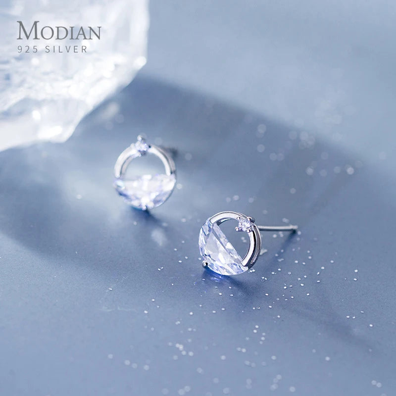 Geometric CZ Round Stud Earrings 925 Silver Wedding Jewelry
