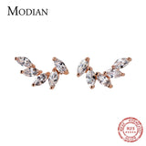 Real 925 Sterling Silver Zircon Feather Stud Earrings