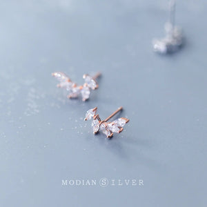 Real 925 Sterling Silver Zircon Feather Stud Earrings