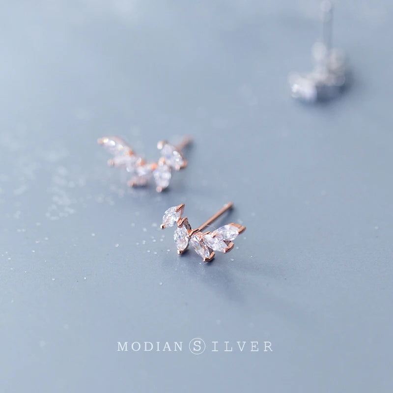 Real 925 Sterling Silver Zircon Feather Stud Earrings