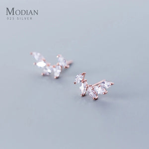 Real 925 Sterling Silver Zircon Feather Stud Earrings