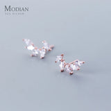 Real 925 Sterling Silver Zircon Feather Stud Earrings