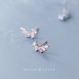 Real 925 Sterling Silver Zircon Feather Stud Earrings