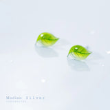 925 Silver Green Leaves Tree Leaf Stud Earrings Women Jewelry