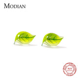 925 Silver Green Leaves Tree Leaf Stud Earrings Women Jewelry